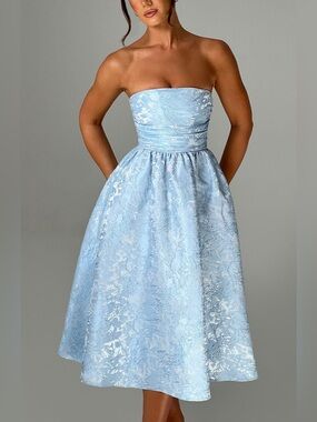 Strapless Light Blue Floral Jacquard Midi Dress